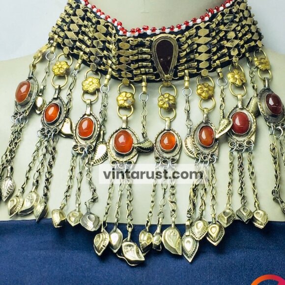 Tribal Choker Necklace, Afghan Handmade Choker Necklace with Glass Stones - Picture 3 of 6
